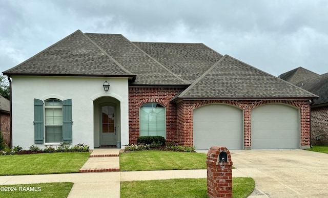 view of front of home featuring a garage and a front lawn