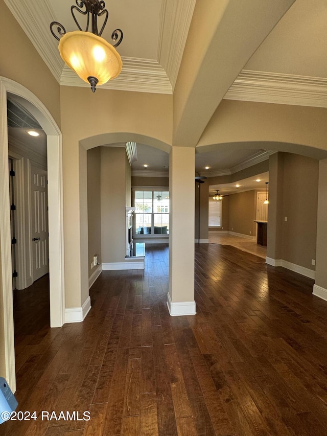 interior space featuring crown molding, a raised ceiling, dark hardwood / wood-style flooring, and ceiling fan