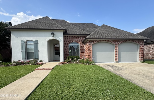 108 Billingford Dr, Lafayette, LA 70508 - french country inspired facade with roof with shingles, an attached garage, a front yard, brick siding, and concrete driveway