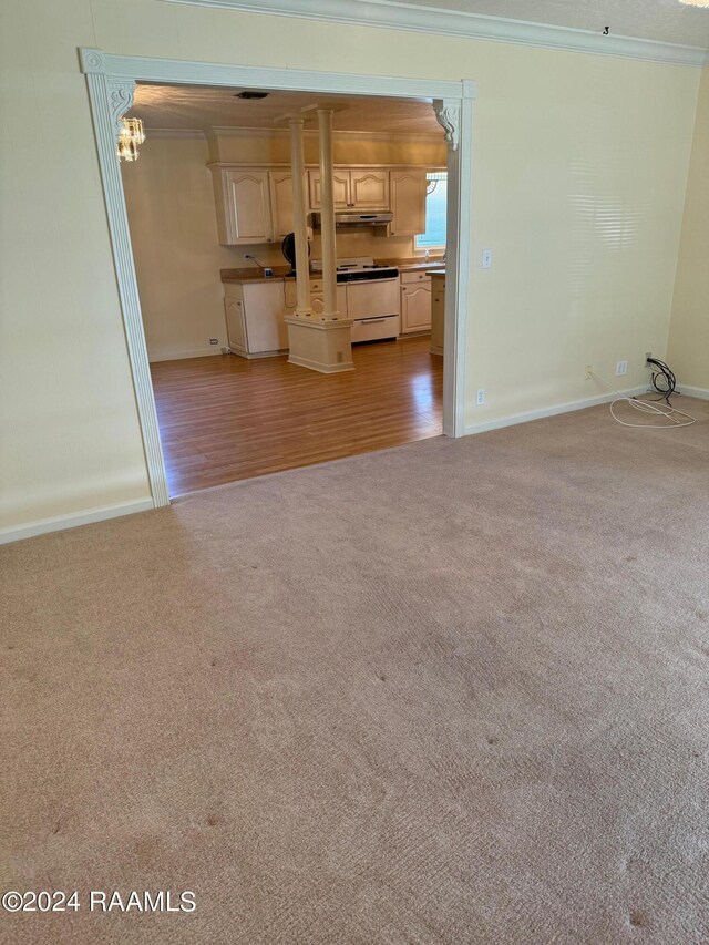 unfurnished living room with light wood-type flooring and ornamental molding