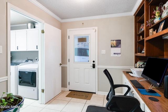 192 Tillou Andrus Dr, Opelousas, LA 70570 - office with washer and dryer, crown molding, light tile patterned flooring, and a textured ceiling