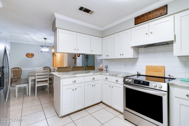 192 Tillou Andrus Dr, Opelousas, LA 70570 - kitchen featuring crown molding, light tile patterned floors, visible vents, and stainless steel appliances