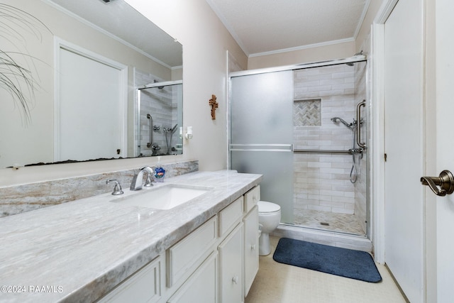 192 Tillou Andrus Dr, Opelousas, LA 70570 - bathroom featuring a shower stall, toilet, vanity, and ornamental molding