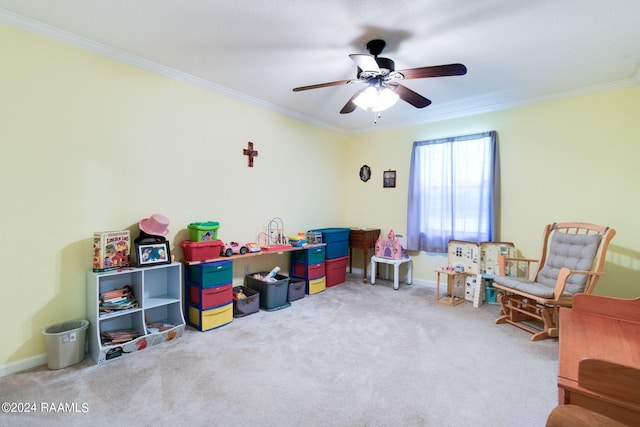 192 Tillou Andrus Dr, Opelousas, LA 70570 - playroom featuring ceiling fan, light carpet, baseboards, and ornamental molding