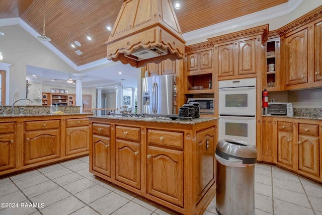 kitchen featuring stainless steel appliances, crown molding, and wooden ceiling