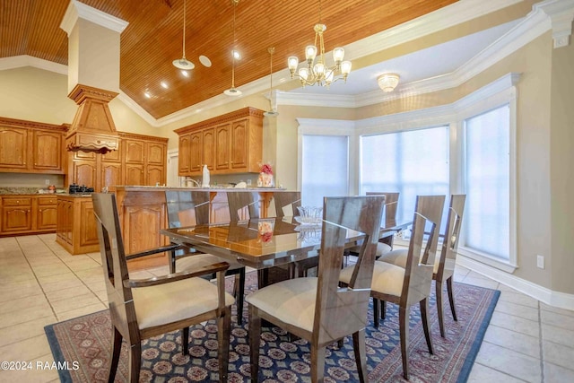 dining room with wooden ceiling, crown molding, and an inviting chandelier