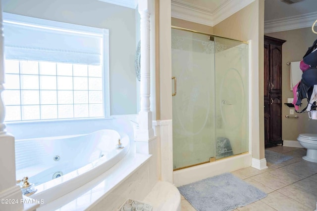 bathroom with shower with separate bathtub, tile patterned flooring, crown molding, and toilet