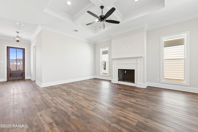 unfurnished living room featuring coffered ceiling, a fireplace, plenty of natural light, and dark wood finished floors