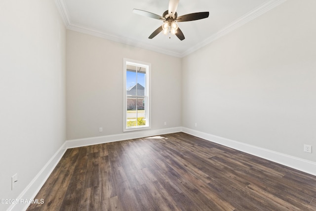 empty room with dark wood-type flooring, crown molding, baseboards, and ceiling fan