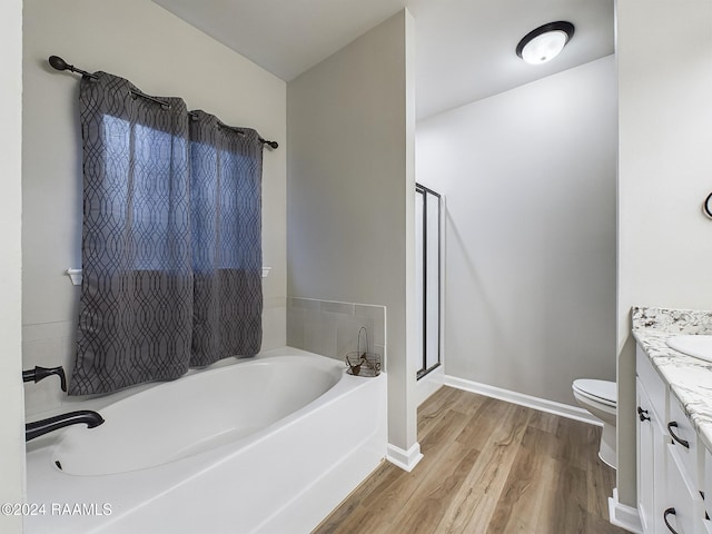 bathroom featuring vanity, wood-type flooring, a washtub, and toilet