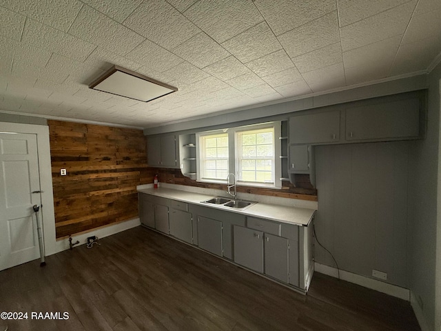 kitchen with dark wood-type flooring, wood walls, sink, and gray cabinets