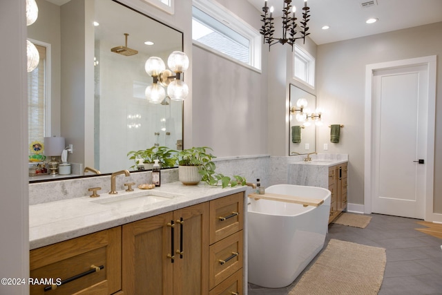 bathroom featuring plus walk in shower, tile patterned flooring, and vanity