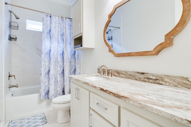 full bathroom featuring tile patterned floors, shower / bath combo, toilet, vanity, and ornamental molding