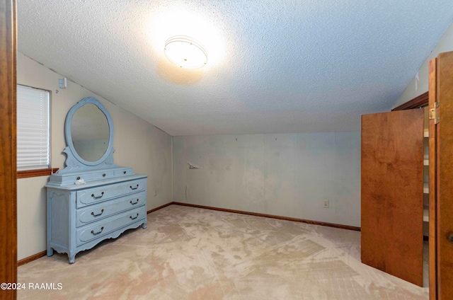 bonus room with light colored carpet, a textured ceiling, and lofted ceiling