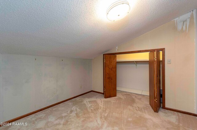 additional living space with light carpet, a textured ceiling, and vaulted ceiling