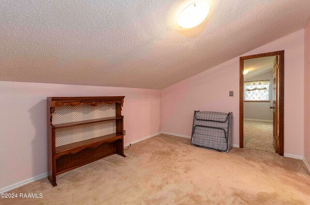 additional living space with light carpet, a textured ceiling, and vaulted ceiling