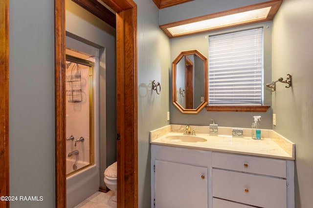 full bathroom featuring shower / washtub combination, vanity, and toilet