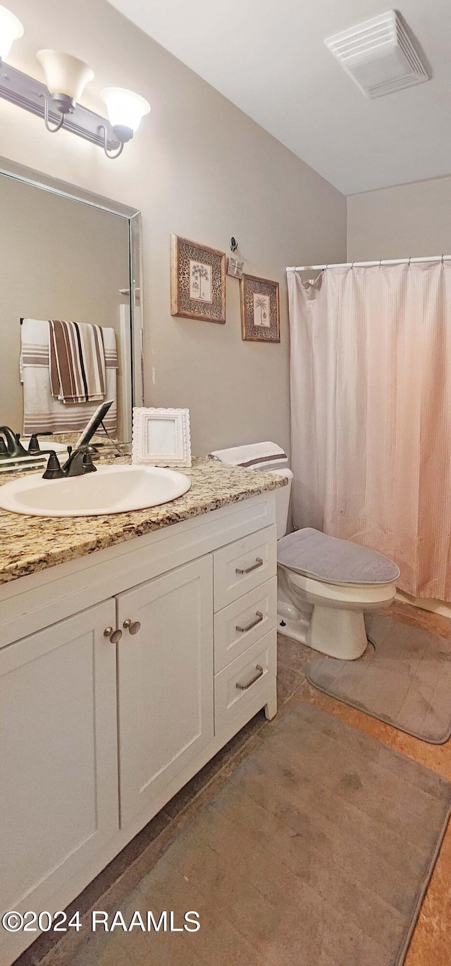 bathroom with vanity, toilet, and a shower with shower curtain