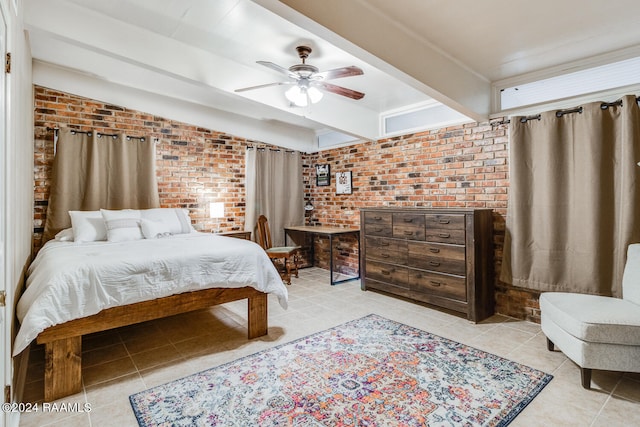 tiled bedroom featuring brick wall, beamed ceiling, and ceiling fan