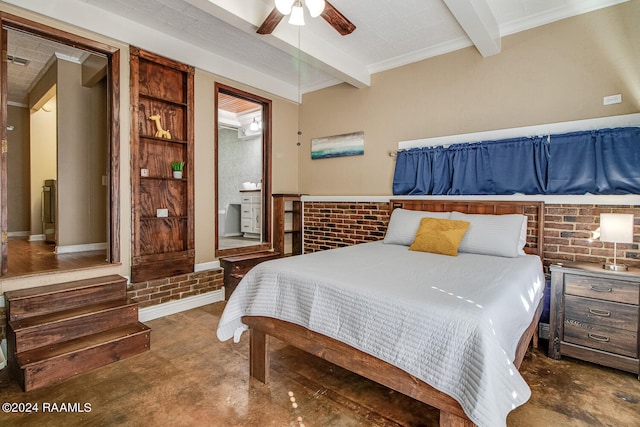 bedroom with ornamental molding, beam ceiling, ceiling fan, and brick wall