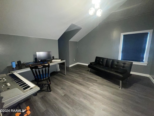 office area featuring lofted ceiling and hardwood / wood-style flooring