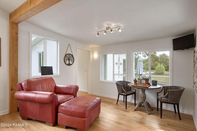 living area featuring light wood-type flooring and lofted ceiling with beams