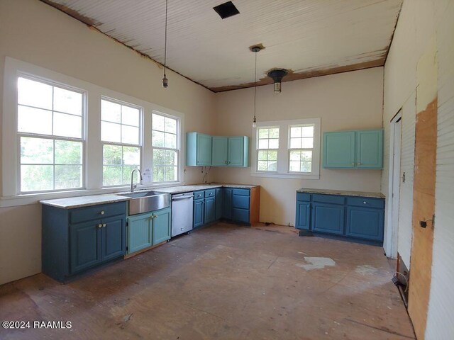 kitchen featuring dishwasher, blue cabinets, sink, and pendant lighting