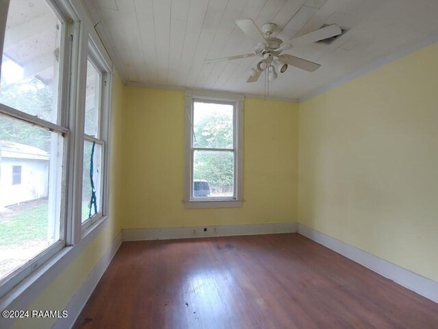 empty room featuring ceiling fan, dark hardwood / wood-style flooring, and a wealth of natural light