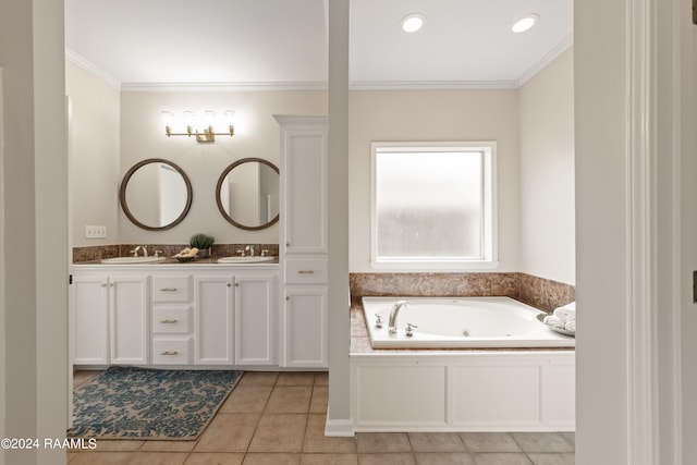 bathroom featuring ornamental molding, tile patterned flooring, a bath, and vanity