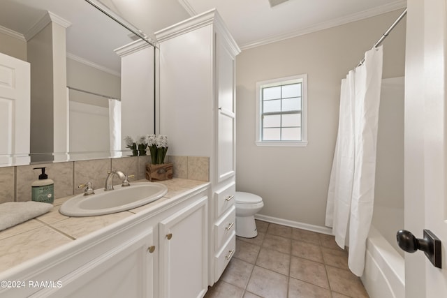 full bathroom with shower / bath combo, backsplash, ornamental molding, vanity, and toilet