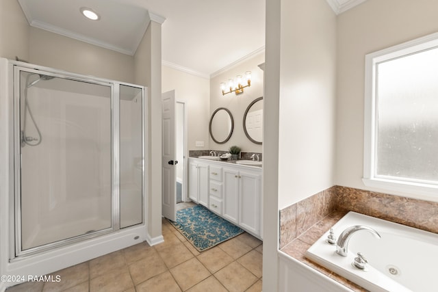 bathroom with independent shower and bath, tile patterned flooring, vanity, and ornamental molding