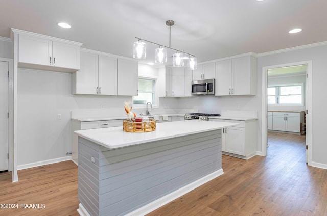 kitchen featuring stainless steel appliances, white cabinetry, and a wealth of natural light