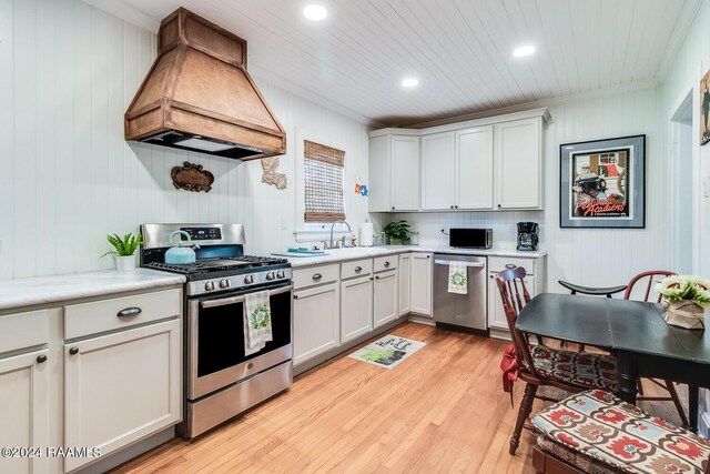 kitchen with white cabinets, wood walls, stainless steel appliances, light hardwood / wood-style flooring, and custom exhaust hood