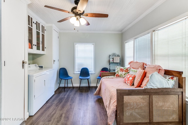 bedroom featuring ceiling fan, dark hardwood / wood-style floors, and crown molding