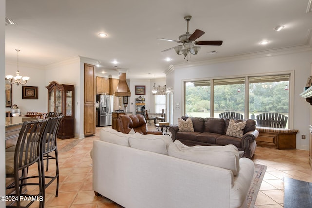 110 River Wood Pl, Abbeville, LA 70510 - living area featuring a chandelier, light tile patterned floors, ceiling fan, crown molding, and recessed lighting