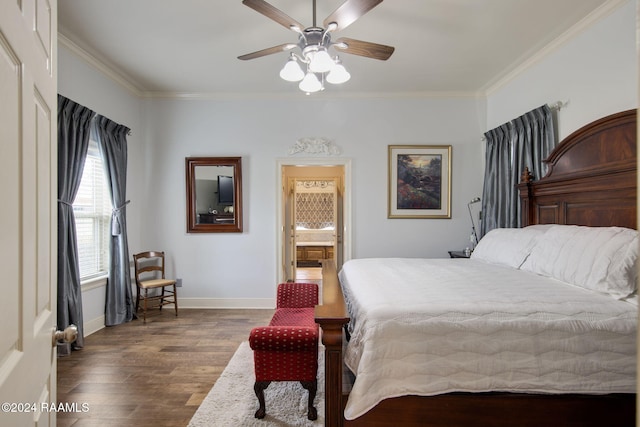 110 River Wood Pl, Abbeville, LA 70510 - bedroom with wood finished floors, crown molding, baseboards, connected bathroom, and a ceiling fan