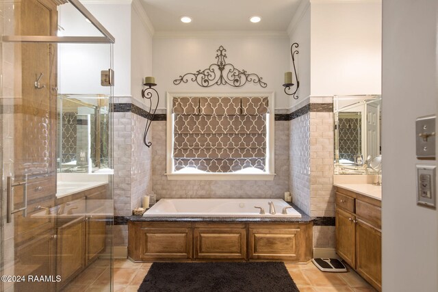 110 River Wood Pl, Abbeville, LA 70510 - bathroom with vanity, a garden tub, ornamental molding, tile patterned floors, and a shower stall
