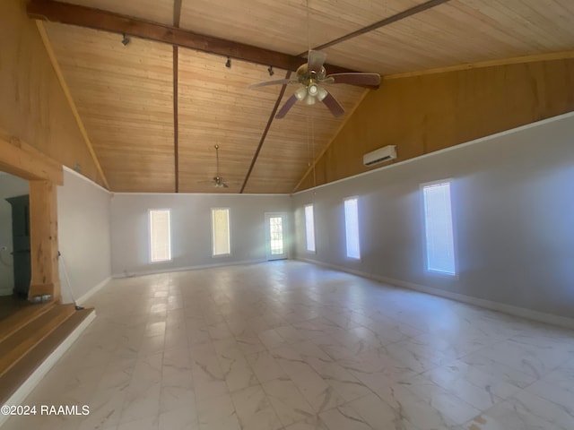 unfurnished room featuring wood ceiling, high vaulted ceiling, and ceiling fan