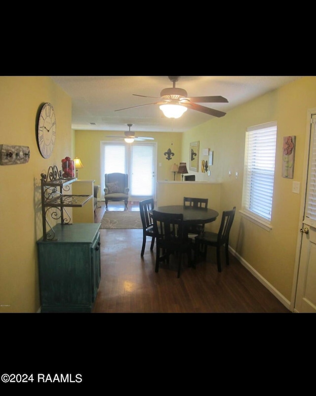 dining area with ceiling fan and dark hardwood / wood-style flooring