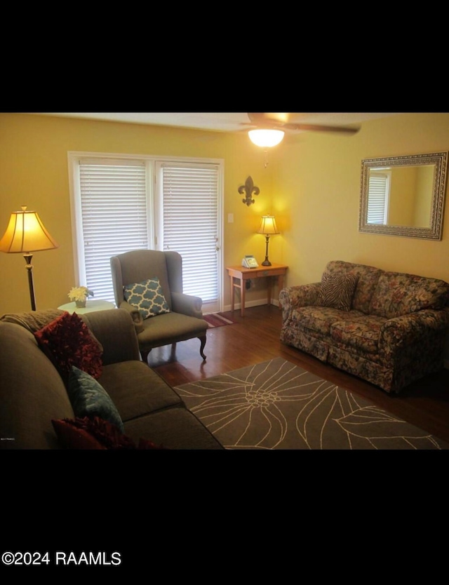 living room with ceiling fan and hardwood / wood-style flooring