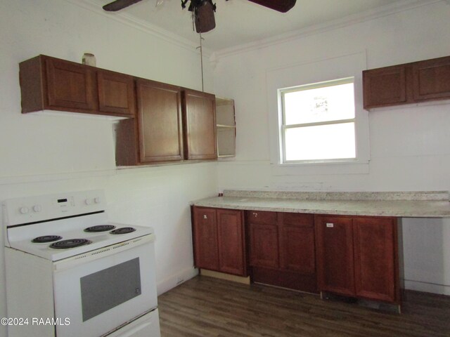 kitchen with electric stove, ceiling fan, and dark wood-type flooring