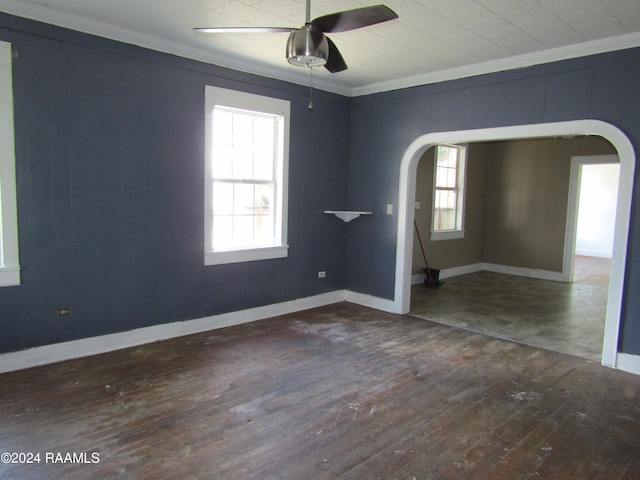 empty room with ornamental molding, ceiling fan, and plenty of natural light