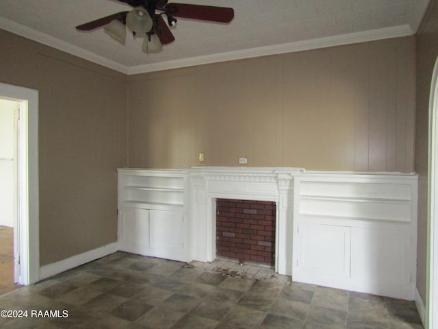 unfurnished living room with ornamental molding and ceiling fan