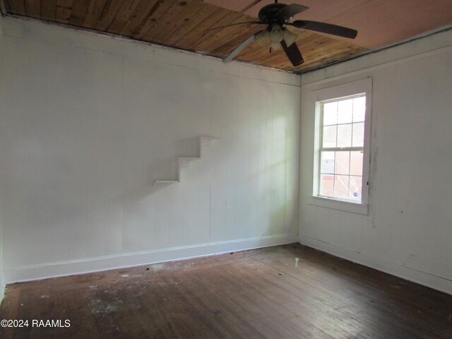 unfurnished room featuring wooden walls, ceiling fan, dark hardwood / wood-style floors, and wooden ceiling