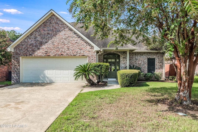 view of front of home with a front yard and a garage