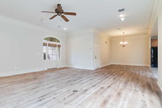 unfurnished living room featuring ceiling fan with notable chandelier, light hardwood / wood-style floors, and crown molding