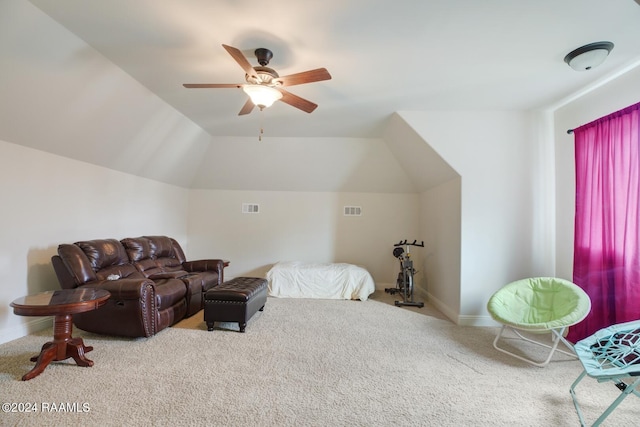 bedroom featuring lofted ceiling, ceiling fan, and carpet flooring