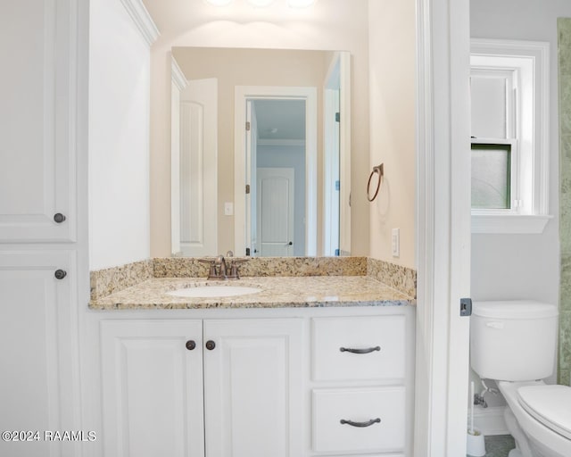 bathroom with vanity, crown molding, and toilet