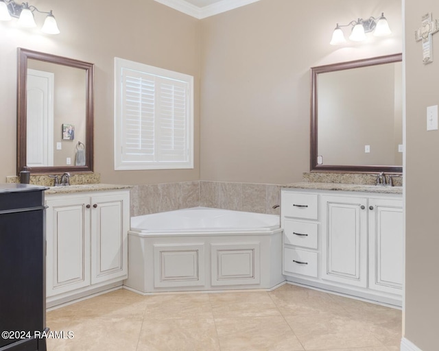 bathroom featuring vanity, crown molding, a bath, and tile patterned floors