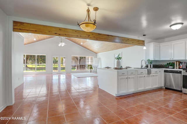 kitchen with hanging light fixtures, white cabinetry, dishwasher, light tile patterned floors, and vaulted ceiling with beams